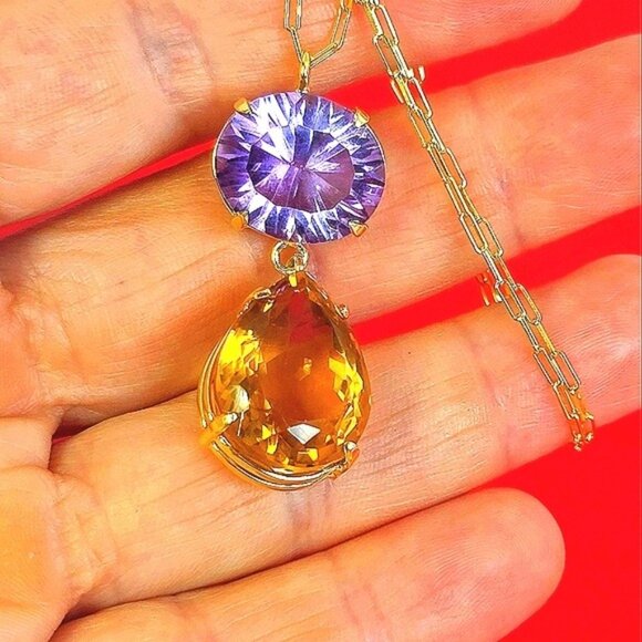 925 Sterling Silver Necklace 14K Gold Pl with Natural Amethyst & Honey Quartz - Picture 6 of 12